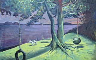Dog in green night landscape