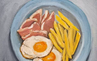 ham egg and chips oil painting