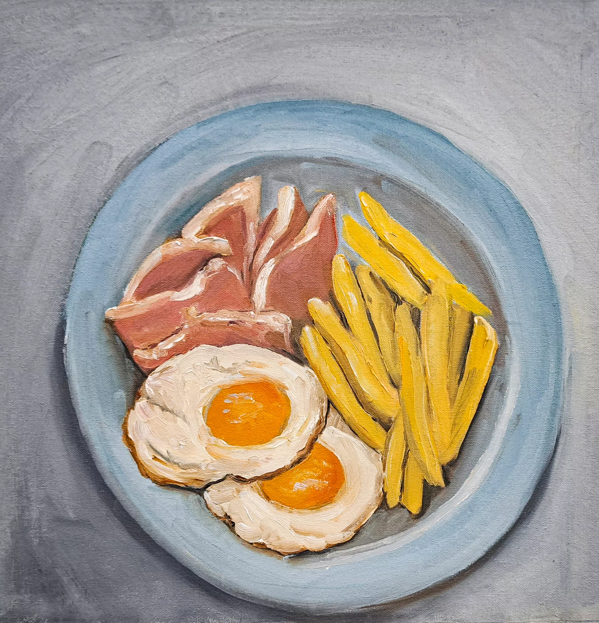 ham egg and chips oil painting