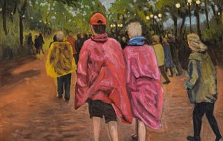 walkers in pink rain poncho painting