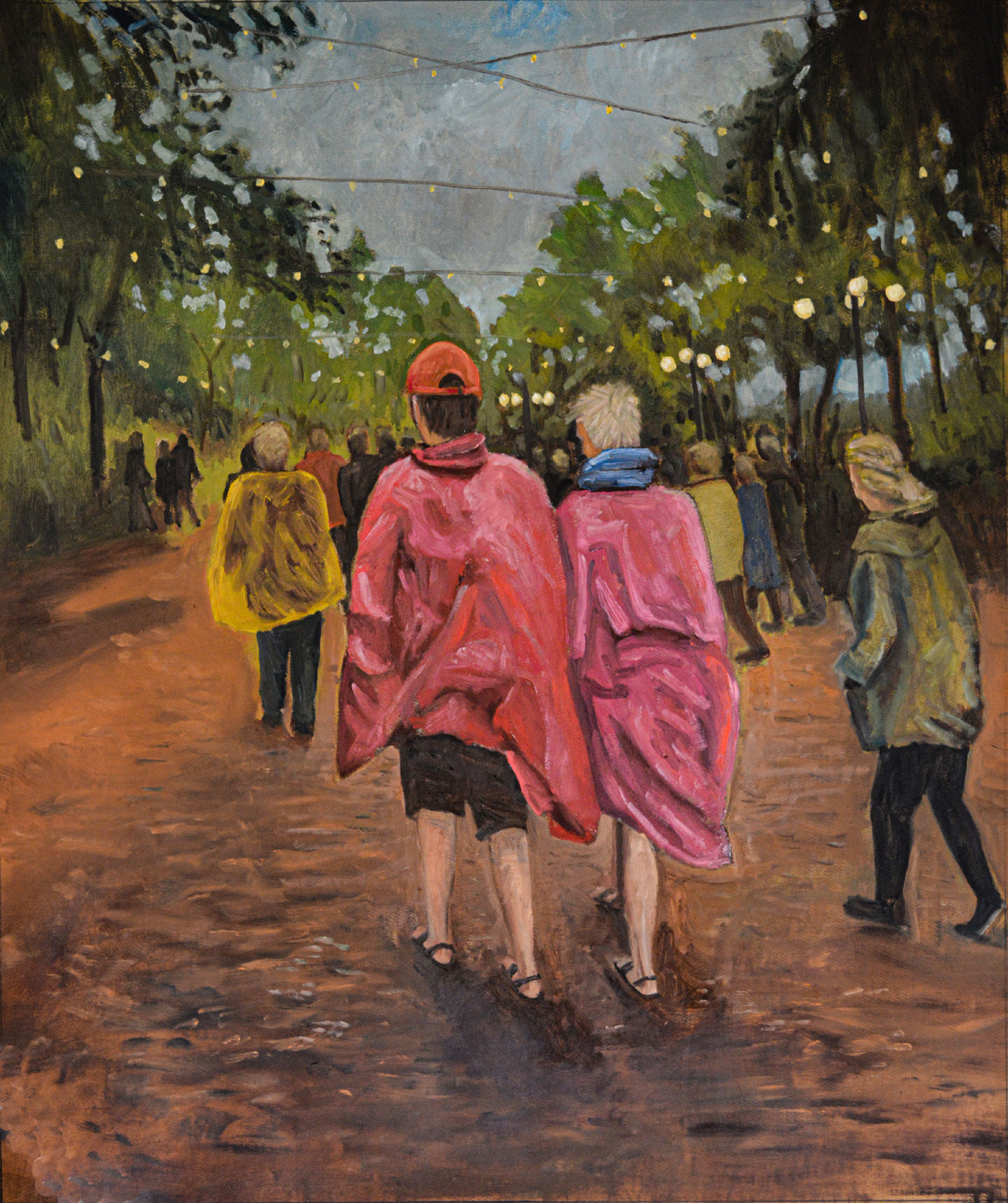 walkers in pink rain poncho painting