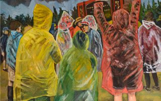 Festival crowd in colourful rain ponchos painting