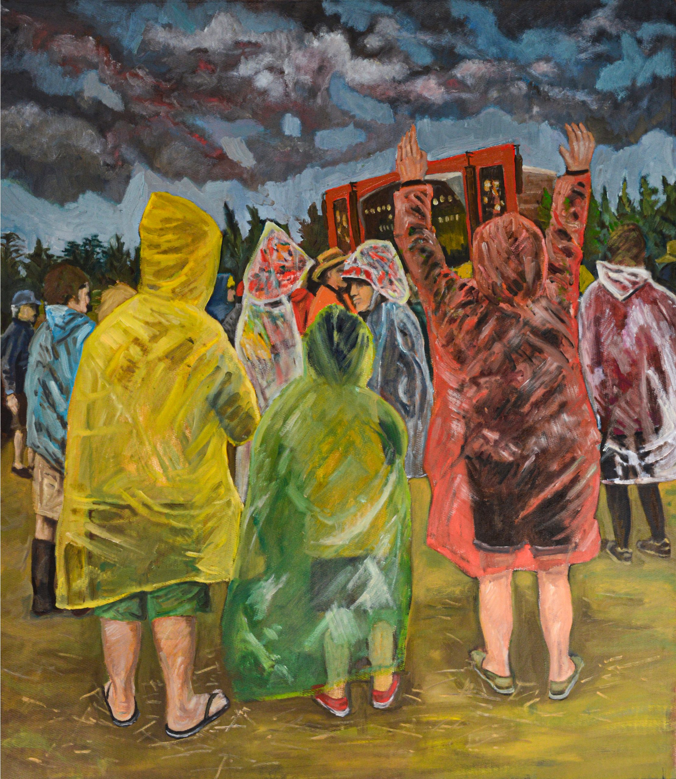 Festival crowd in colourful rain ponchos painting