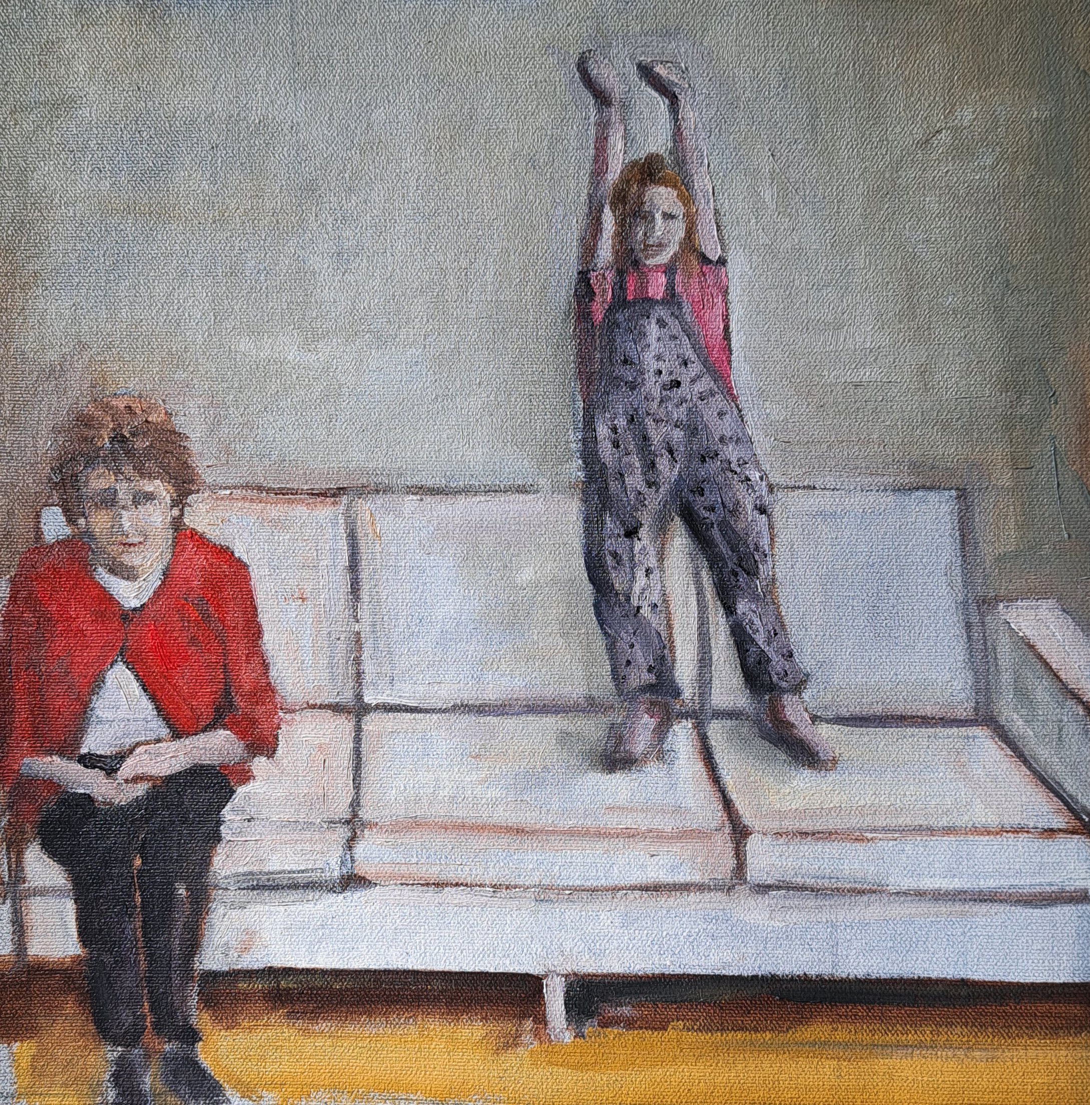 people sitting on a white sofa oil sketch
