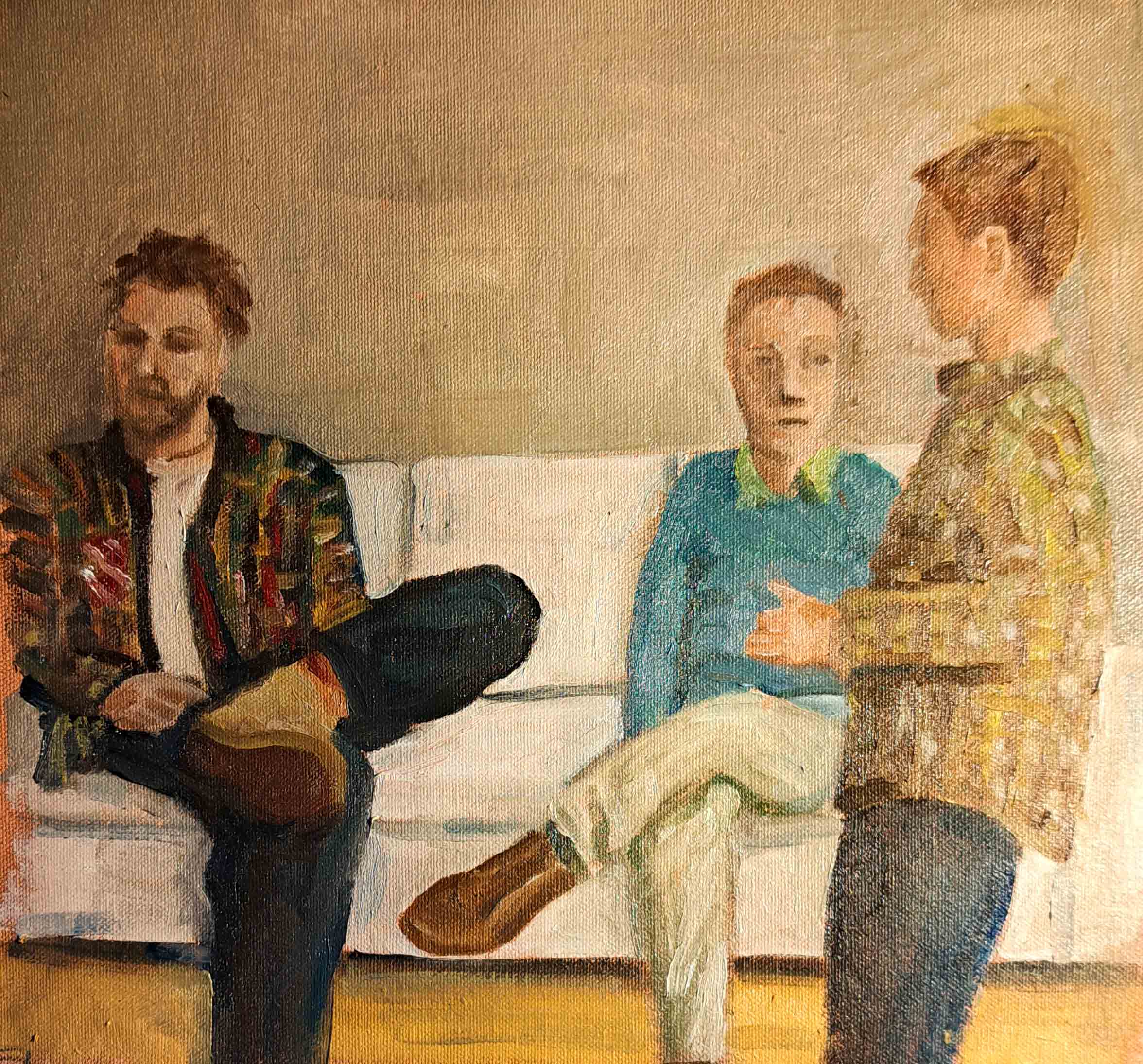 two people on a white sofa