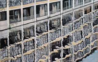 oil painting of building reflected in the canal