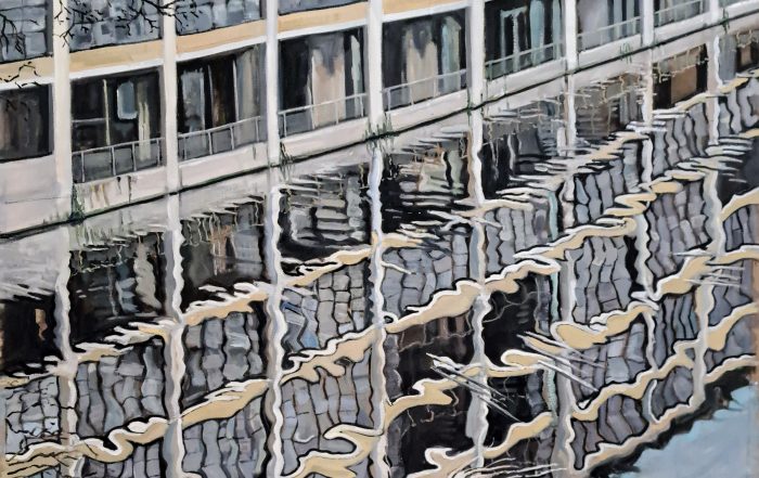 oil painting of building reflected in the canal