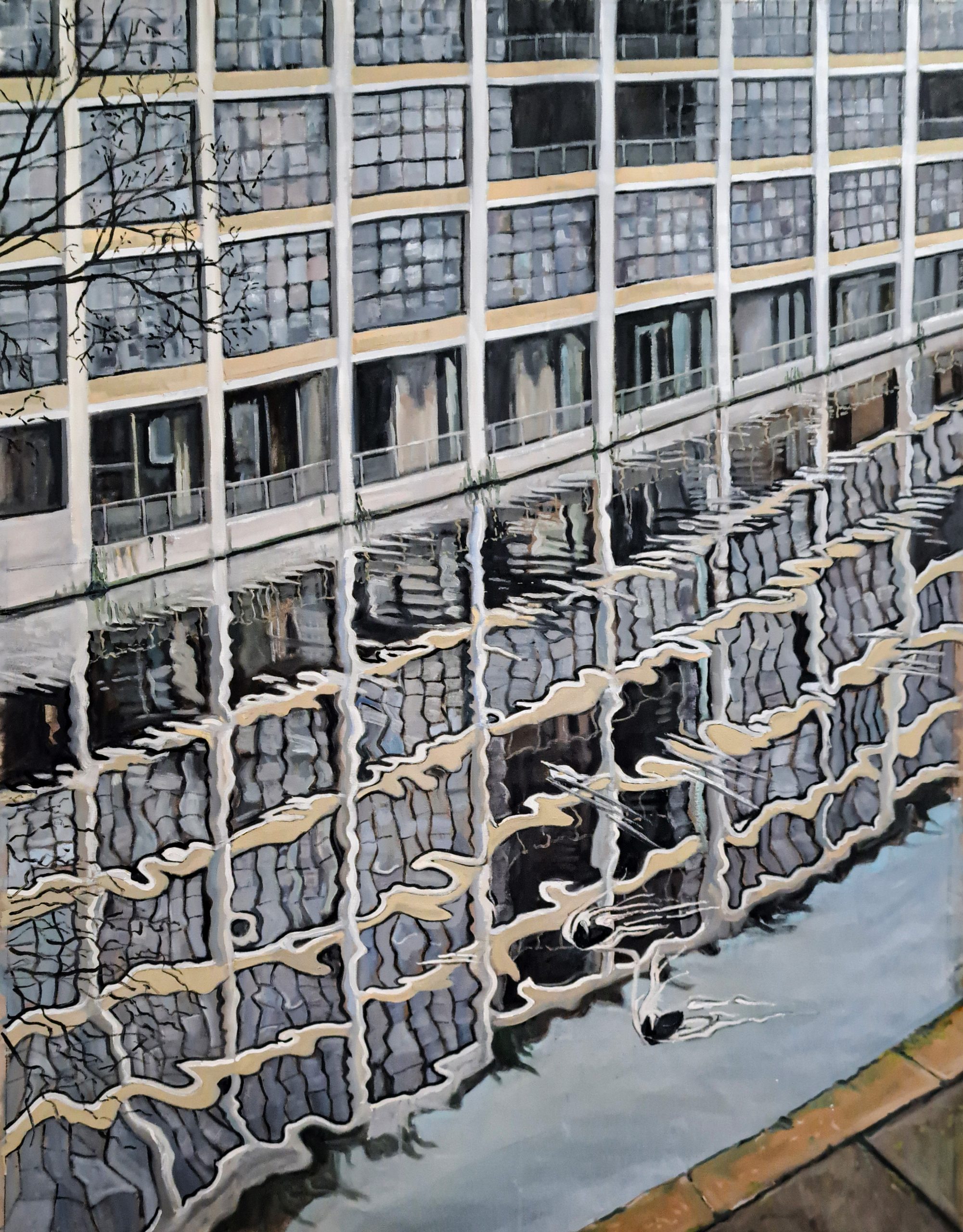 oil painting of building reflected in the canal