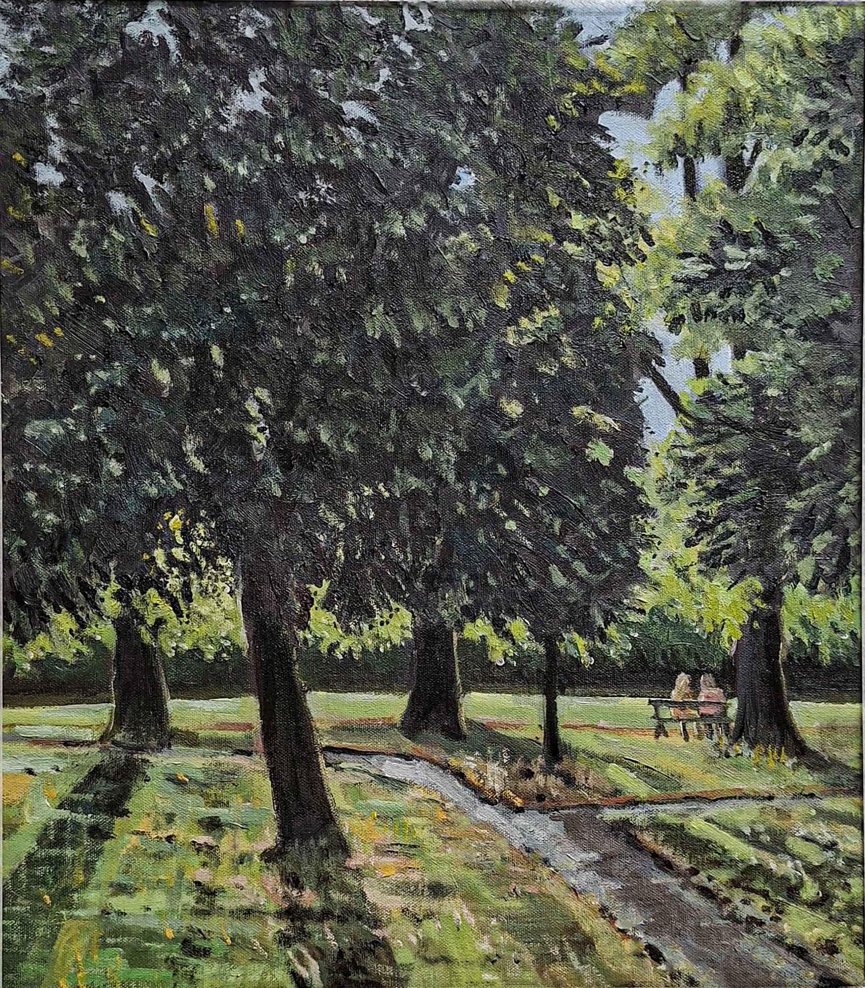 oil painting of long tree shadows in priory park