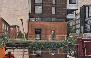 oil painting of building reflections in regents canal at mile end.