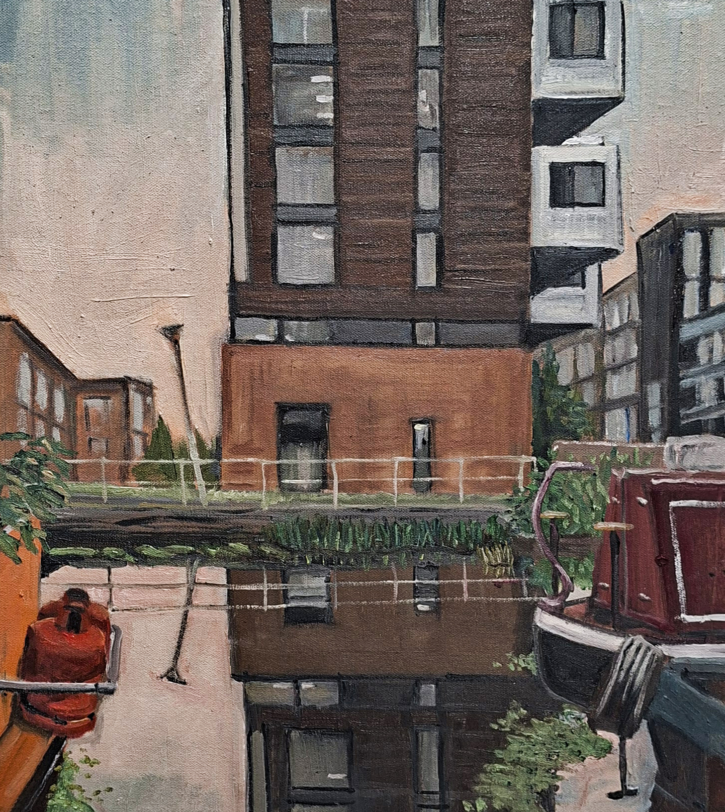 oil painting of building reflections in regents canal at mile end.