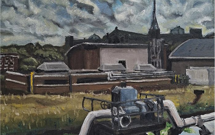 Oil painting of Ally Pally across the New River