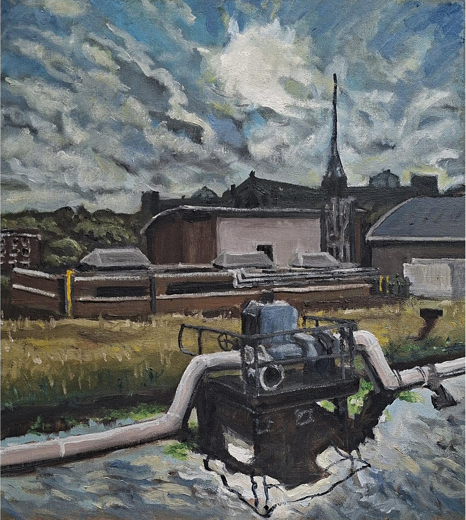 Oil painting of Ally Pally across the New River