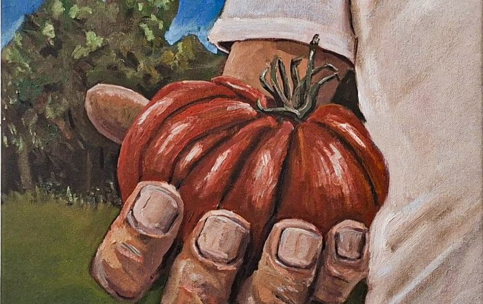 red tomato in hand oil painting