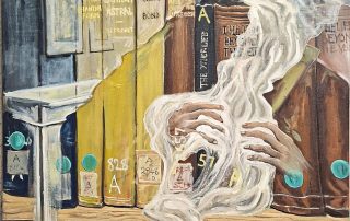 oil painting of reflections and books behind the glass