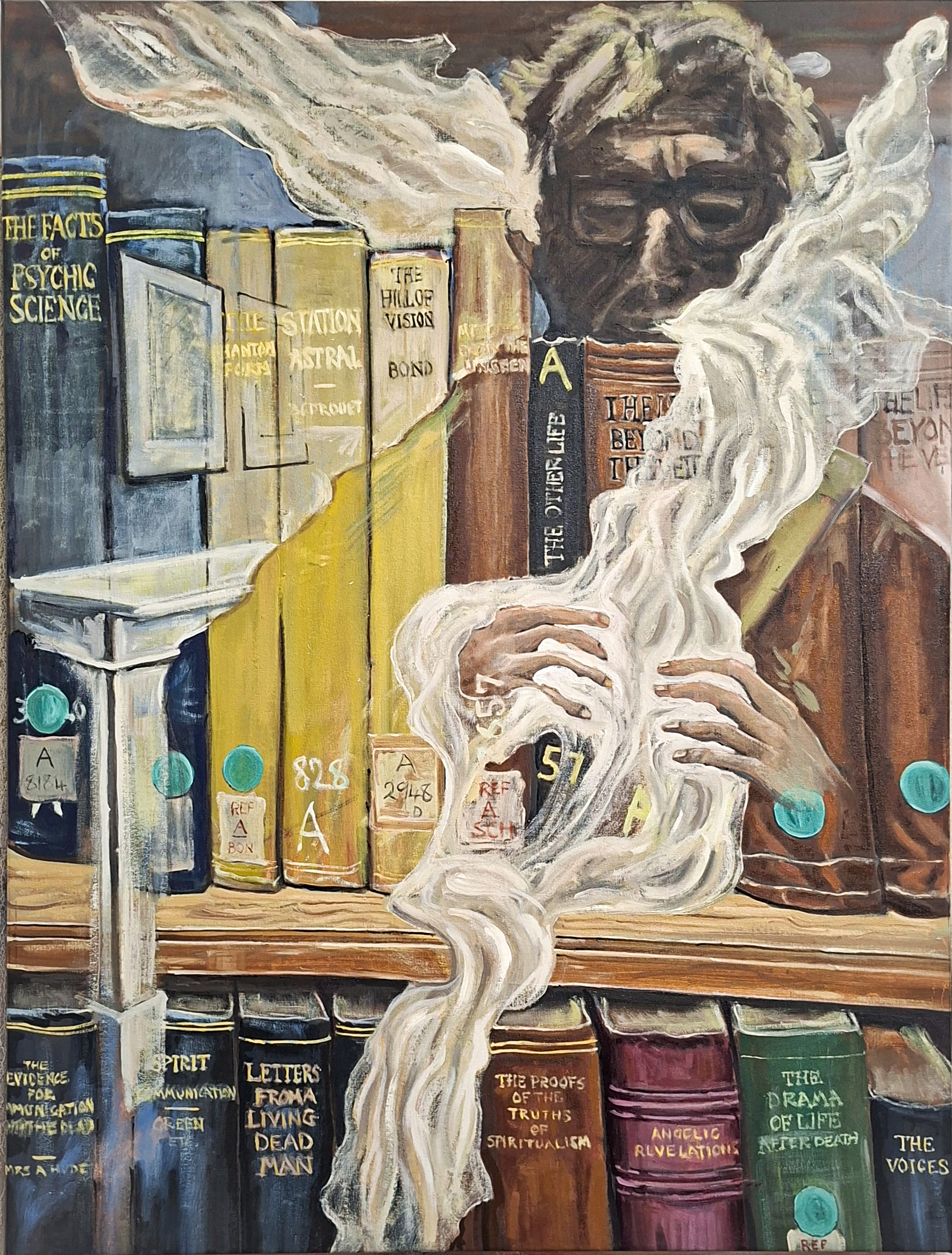 oil painting of reflections and books behind the glass