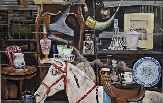 oil painting of a shop window with reflections