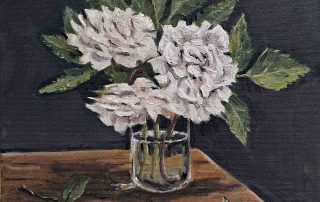 oil painting of roses and a bee