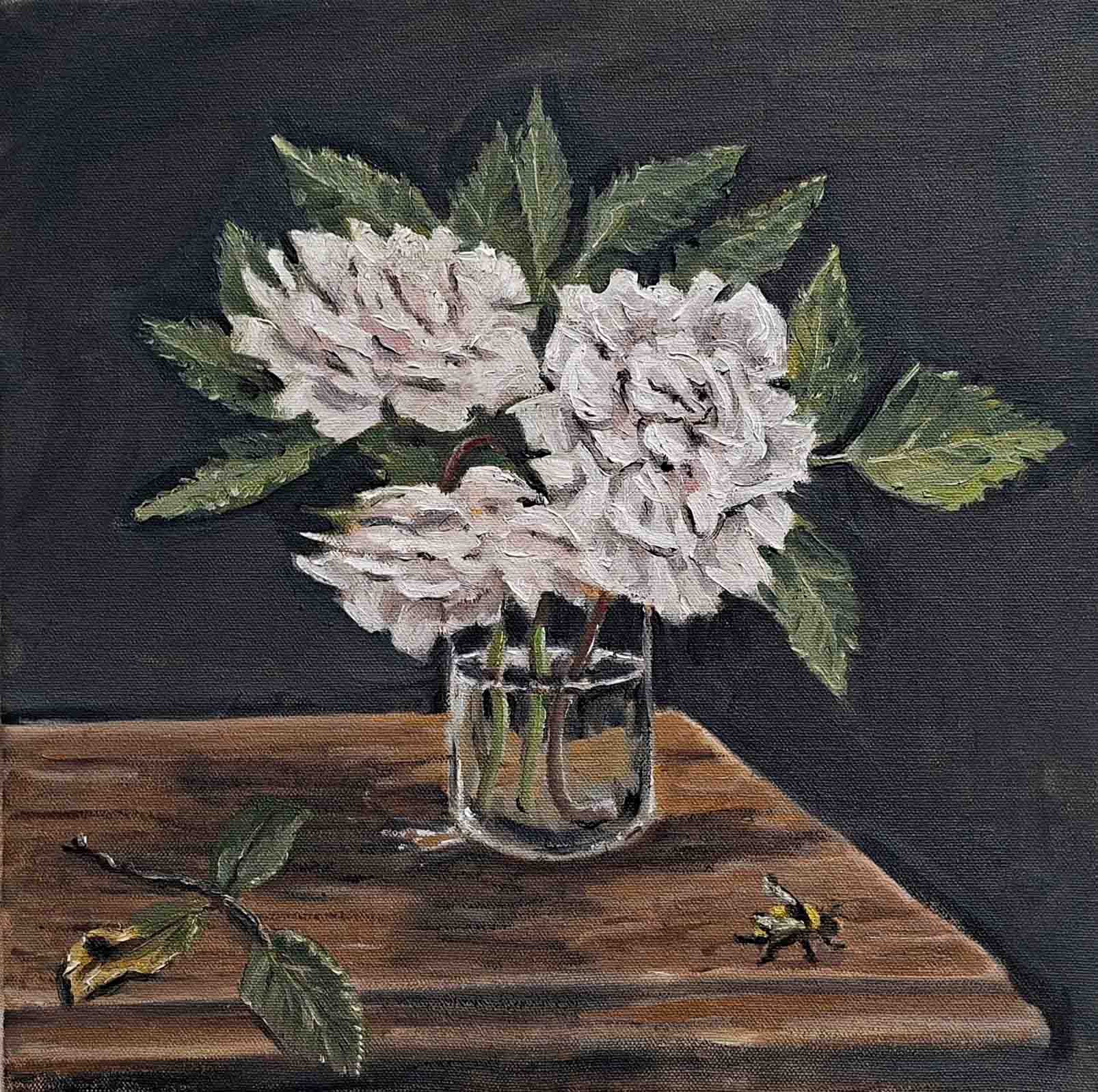 oil painting of roses and a bee