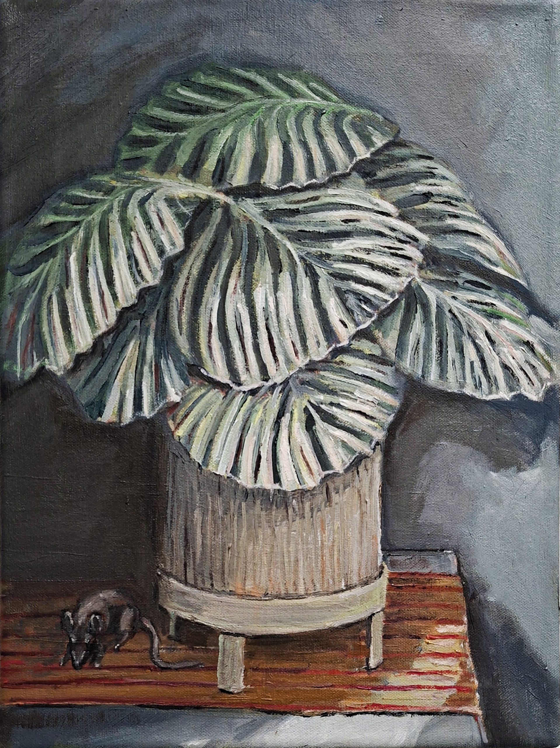 oil on canvas painting of house plant and a mouse