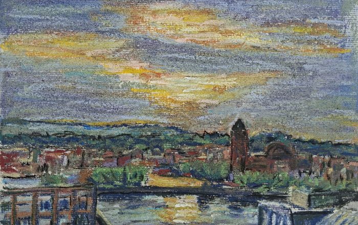 pastel sketch of sunrise in Bilbao Spain
