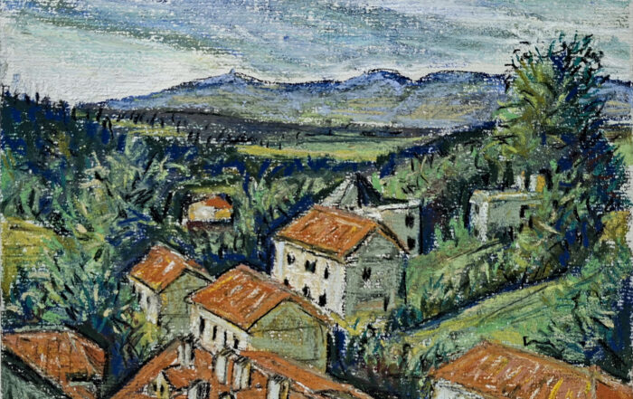 Rooftop sketch in pastel on paper rioja spain