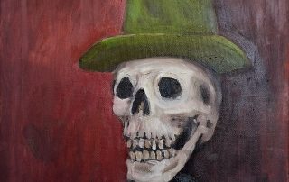 Oil painting of a skull wearing a hat