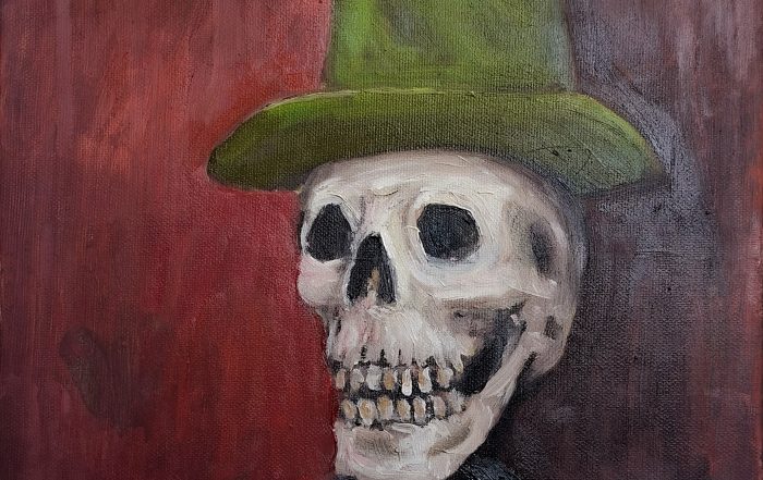 Oil painting of a skull wearing a hat
